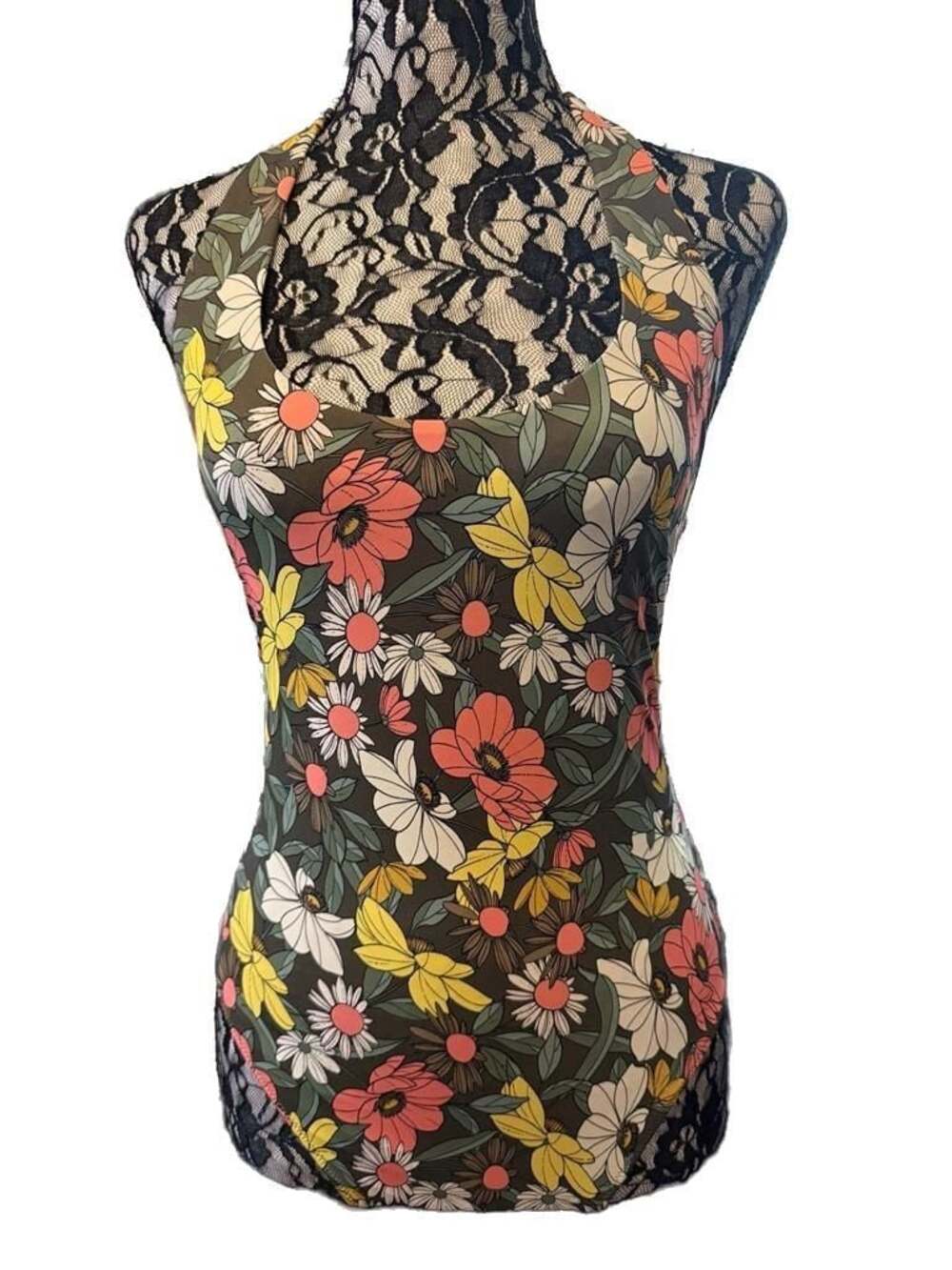 Parawin Retro Floral Swimsuit Olive Boho Daisy Print Open Back Sample XS/S